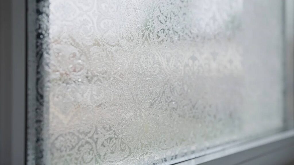 The image shows a close-up view of frosted decorative window film applied to a residential bathroom window, allowing soft natural light to filter through while providing privacy. This window treatment enhances energy efficiency by reducing heat buildup and glare, making it a stylish and functional choice for home window tinting.