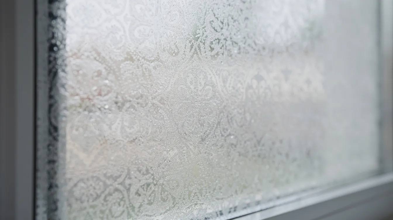 The image shows a close-up view of frosted decorative window film applied to a residential bathroom window, allowing soft natural light to filter through while providing privacy. This window treatment enhances energy efficiency by reducing heat buildup and glare, making it a stylish and functional choice for home window tinting.