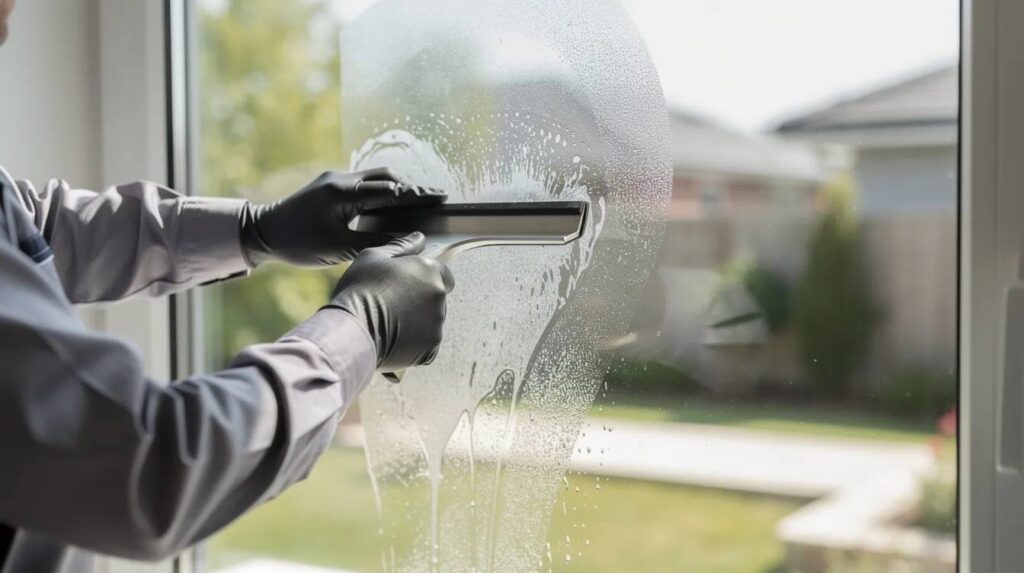 A technician is seen in close-up, skillfully using a squeegee to apply residential window film on a large glass window pane, ensuring a smooth finish. This installation of window film not only enhances privacy and aesthetics but also protects against the sun's damaging UV rays and improves energy efficiency in homes.