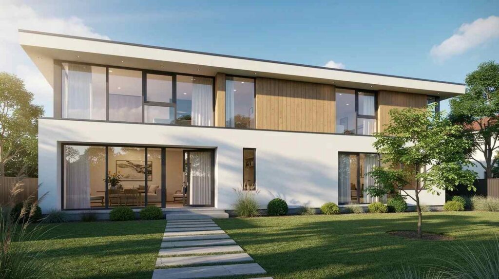 An exterior view of a two-story home showcases large south-facing windows that allow abundant natural light to fill the space, while the sunlight reflects off the smooth glass. This bright afternoon scene highlights the potential for energy savings and protection from harmful UV rays with the installation of window film, which can also reduce glare and prevent fading of furniture.