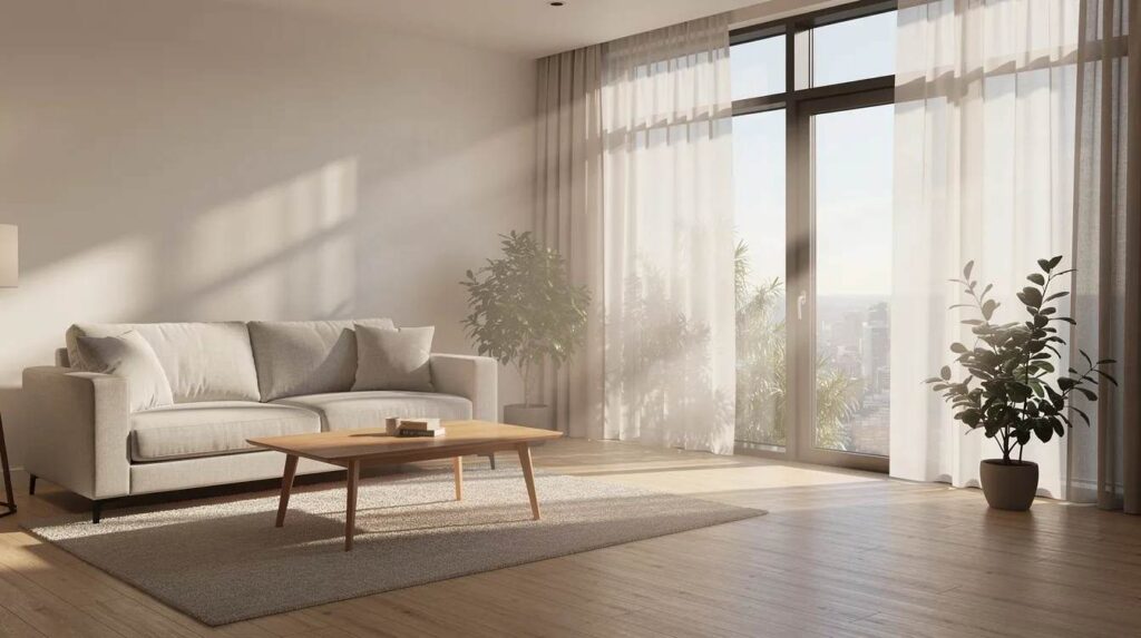 A bright living room features large windows that filter sunlight, creating a comfortable ambiance with soft interior lighting and no harsh glare on the furniture. The space showcases the benefits of window film, which reduces glare and harmful UV rays while enhancing energy efficiency.