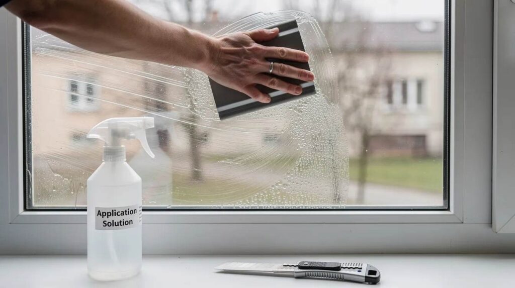 A pair of hands is using a squeegee to apply window film to a large glass pane, ensuring a smooth finish while a spray bottle and utility knife rest on the windowsill. This process helps to block harmful UV rays and reduce glare, enhancing energy efficiency and comfort in the room.