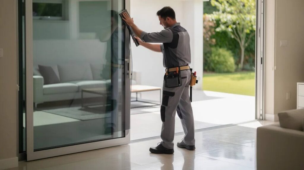 A professional window film technician is applying a protective window film to a large sliding glass door using a squeegee in a bright residential room, ensuring a smooth finish that allows natural light while reducing glare and harmful UV rays. The technician uses tools like a spray bottle to assist in the installation, contributing to energy efficiency and comfort in the space.