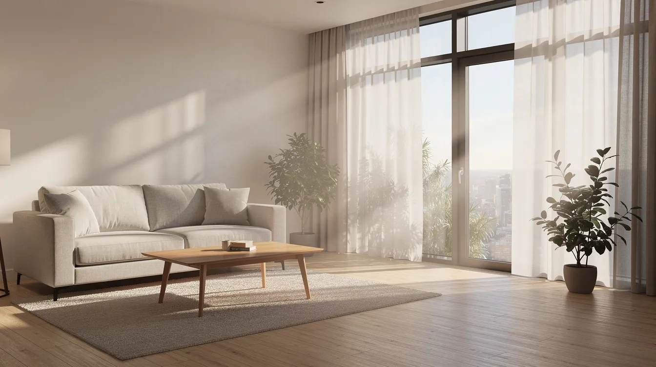 A bright living room features large windows that filter sunlight, creating a comfortable ambiance with soft interior lighting and no harsh glare on the furniture. The space showcases the benefits of window film, which reduces glare and harmful UV rays while enhancing energy efficiency.