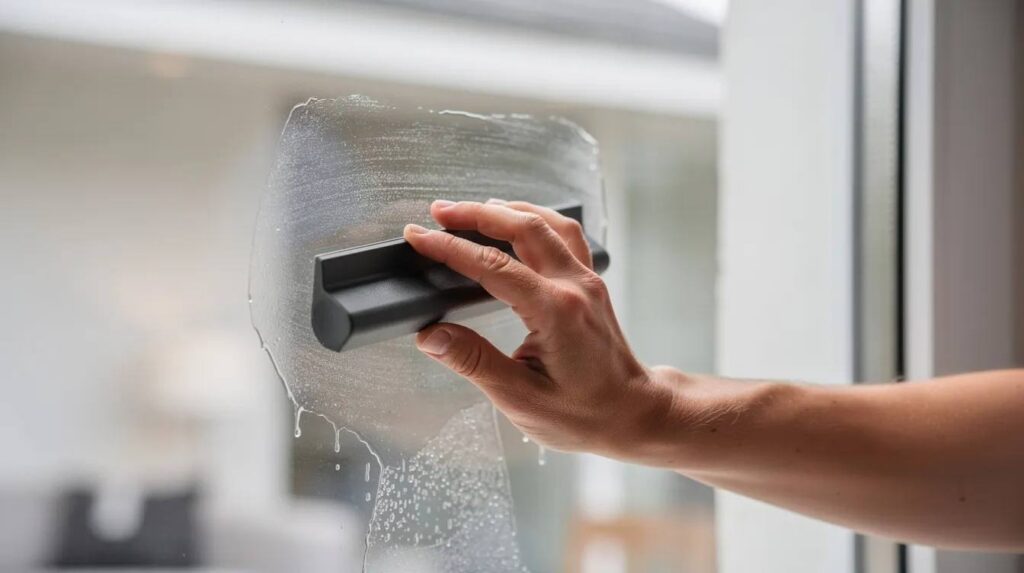 A close-up of a hand using a squeegee to apply window film to a residential window, showcasing the professional installation process. This image highlights the importance of window tint for enhancing energy efficiency and providing UV protection while allowing natural light to enter living spaces.
