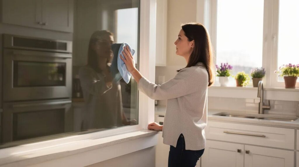 A homeowner is cleaning a tinted residential window in a bright kitchen, using a microfiber cloth to maintain clarity while allowing natural light to fill the space. The window film provides UV protection and glare reduction, enhancing energy efficiency and daytime privacy in the living area.