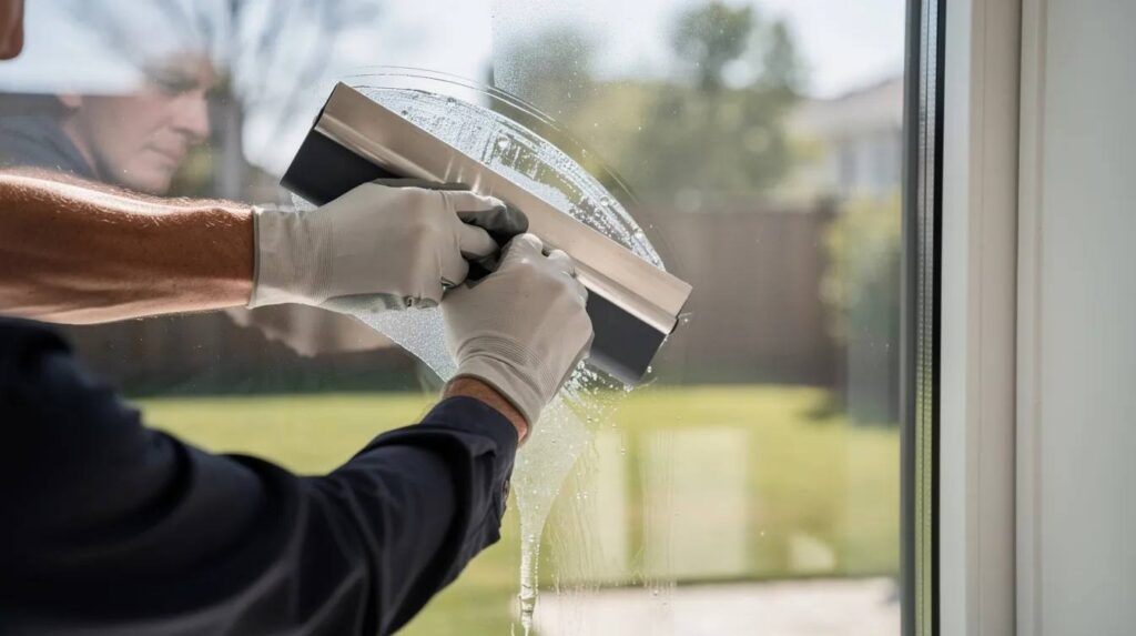 A technician is applying clear security film to a large residential window pane using a squeegee tool, enhancing the glass with an added layer of protection against flying debris during hurricane season. This installation aims to safeguard homeowners' windows and doors from potential shattering and injury during storms.