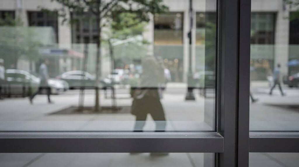 A close-up view of a modern office window features a reflective mirror surface that creates a one-way effect, allowing a clear reflection of the city sidewalk while maintaining privacy from the outside. The window film not only enhances security but also helps in controlling natural light and reducing heat, making it an ideal solution for home offices.