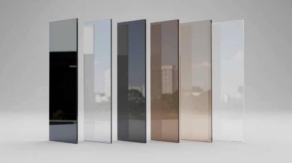 The image displays several glass panels arranged side by side, showcasing various tint levels of window privacy film, ranging from dark silver to light neutral bronze. Each panel reflects different degrees of light, illustrating the mirror effect and privacy features that can enhance home offices while allowing natural light during daylight hours.