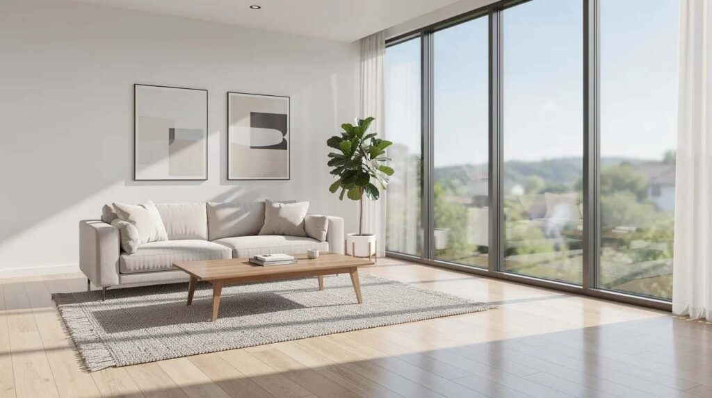 The image depicts a bright living room featuring large windows with tinted glass that effectively reduces glare and allows natural light to flood the space. This window tinting not only enhances the room's ambiance but also provides UV protection and heat reduction, making it a comfortable environment.