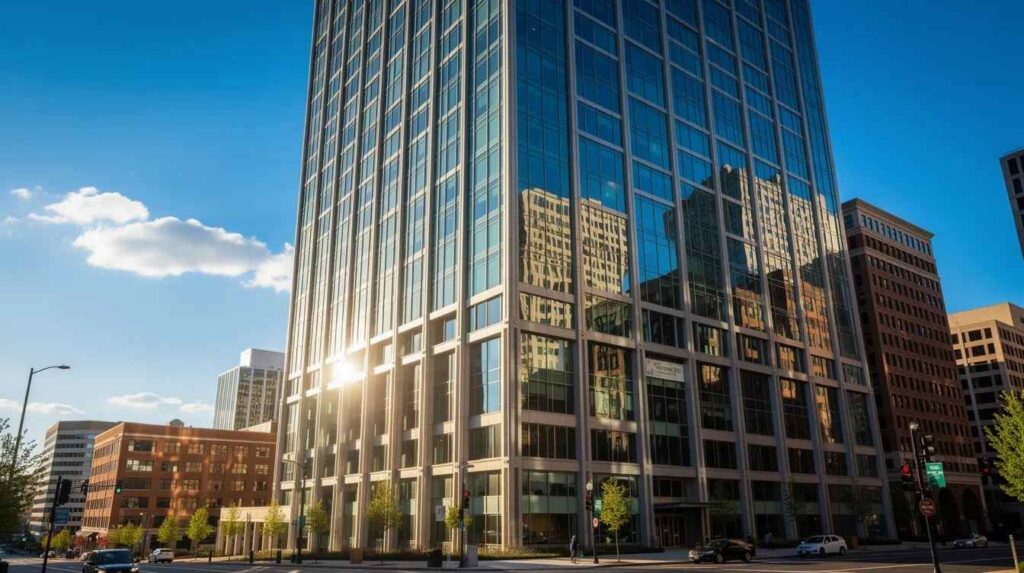 The image shows a modern office tower in Charlotte, North Carolina, reflecting bright afternoon sunlight against a clear blue sky. The building's glass windows shimmer, highlighting the exceptional quality of window tinting that protects against UV rays and heat, making it an ideal choice for commercial properties.