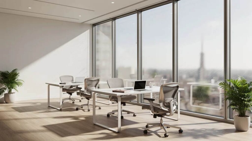 The image depicts a bright office interior with large windows that allow natural light to flood the comfortable workspace, while sunlight is filtered through reflective window privacy film, providing a mirror effect and reducing glare. The reflective film enhances daylight hours while maintaining privacy and blocking harmful UV rays.