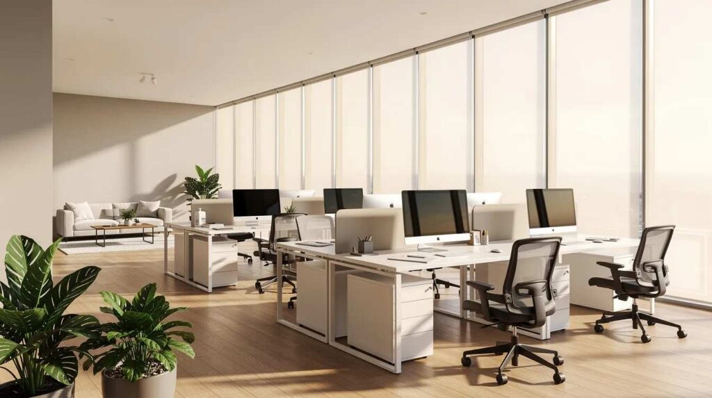 The image depicts a bright, modern office interior featuring floor-to-ceiling windows that allow warm natural light to flood the space while reducing glare. This design not only enhances comfort and privacy but also offers protection against harmful UV rays, making it an ideal environment for productivity.