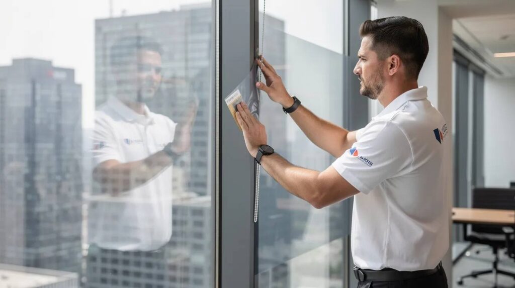 A professional installer in uniform is meticulously applying a large sheet of reflective one way window film to a floor-to-ceiling office window, enhancing privacy while allowing natural light to enter the space. The film creates a mirror effect on the outside, providing daytime privacy and reducing heat and glare from the sun.