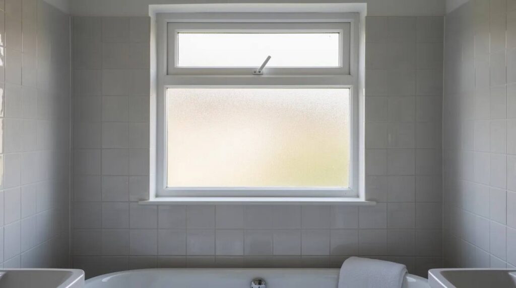 The image shows a residential bathroom with a large window covered by frosted window film, allowing soft, filtered natural light to fill the tiled space while ensuring complete privacy. The frosted film enhances the aesthetics of the room, providing a serene atmosphere without sacrificing visibility.
