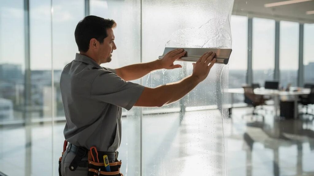 A professional installer is applying window film to a large office glass panel, using a squeegee to ensure a smooth finish while sunlight streams in, providing filtered light and enhancing the aesthetics of the space. This installation process not only creates privacy but also reduces glare and protects against harmful UV rays.