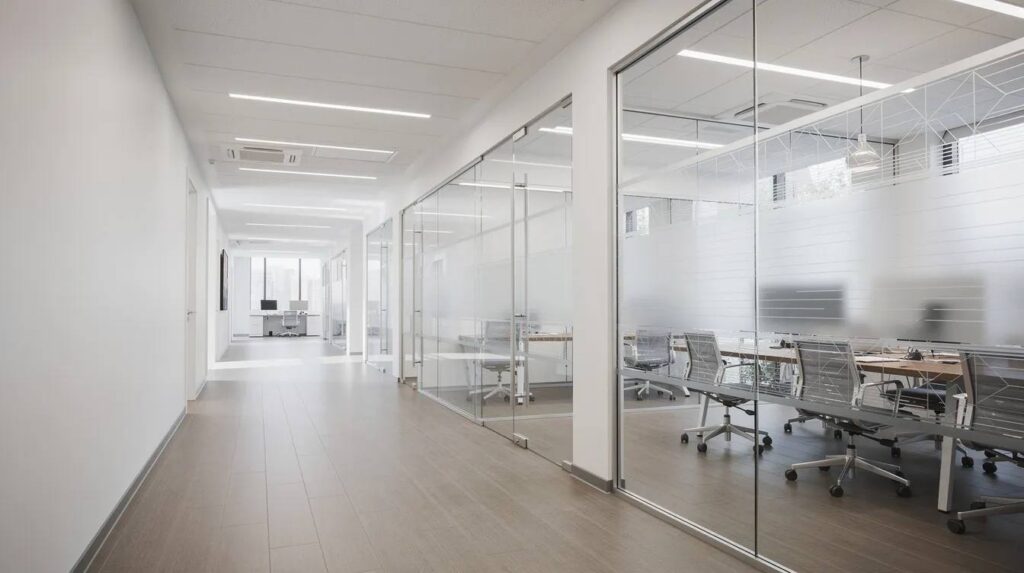 The image depicts a modern office hallway featuring decorative privacy window film applied to glass sidelites, effectively creating distinct private workspaces while allowing filtered natural light to brighten the corridor. This stylish and functional solution enhances privacy without sacrificing the overall brightness of the space.