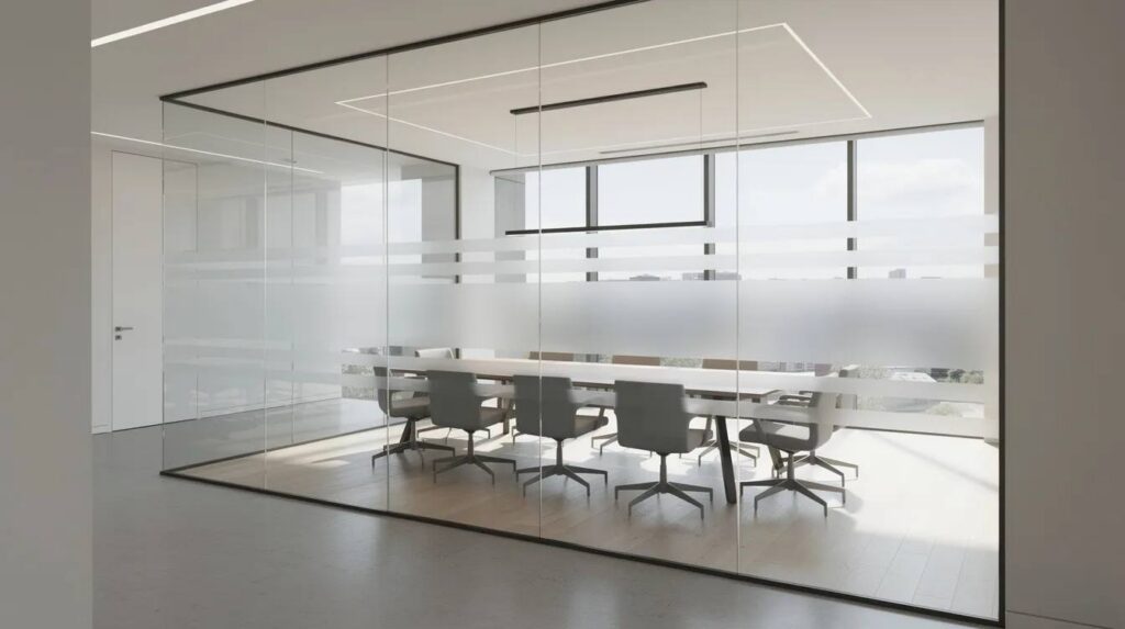 The image depicts a modern office conference room featuring glass walls adorned with frosted bands, which create privacy while allowing soft natural light to filter through, enhancing the space's aesthetics without sacrificing visibility from the hallway. This stylish and functional solution not only adds a level of privacy but also reduces glare, making it an ideal choice for office partitions.