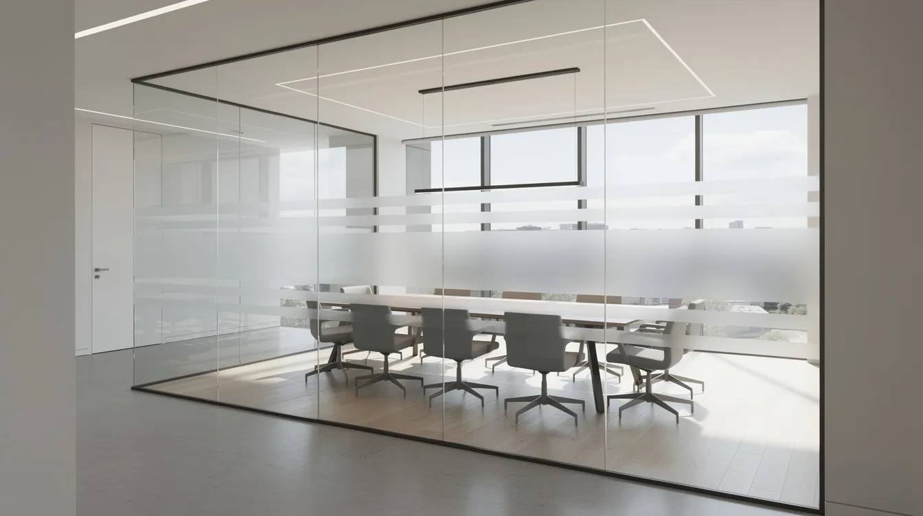 The image depicts a modern office conference room featuring glass walls adorned with frosted bands, which create privacy while allowing soft natural light to filter through, enhancing the space's aesthetics without sacrificing visibility from the hallway. This stylish and functional solution not only adds a level of privacy but also reduces glare, making it an ideal choice for office partitions.