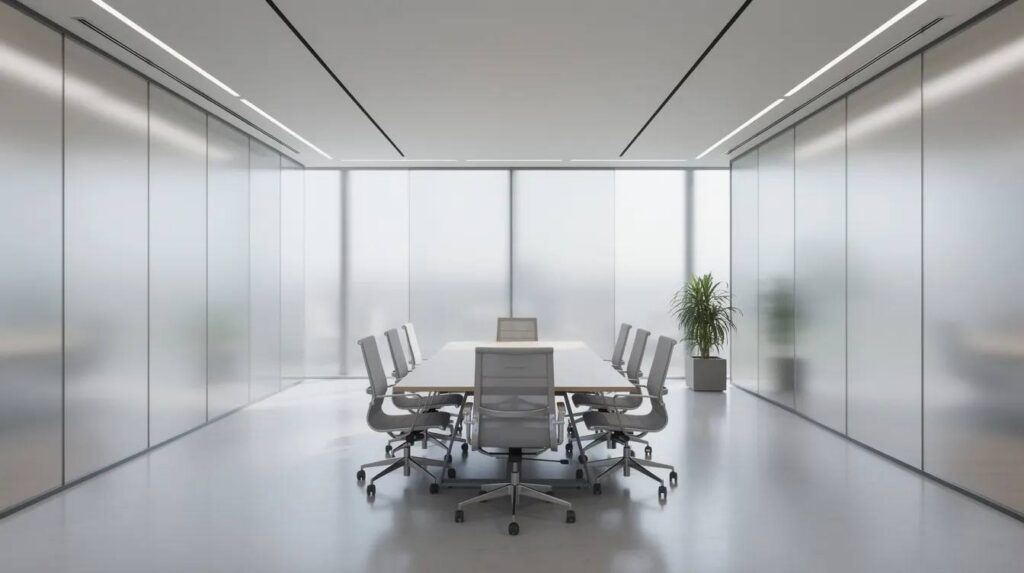 The image depicts a modern office conference room featuring floor-to-ceiling frosted glass walls that allow soft, diffused natural light to filter in while providing complete privacy. The frosted window film enhances the aesthetics of the space, creating a serene environment for meetings without sacrificing visibility or comfort.