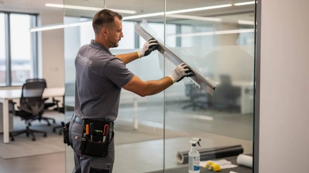A professional installer is carefully using a squeegee to apply window film onto a large glass panel in an office setting, enhancing privacy while still allowing natural light to filter through. This stylish and functional solution helps reduce glare and protect against harmful UV rays, making it ideal for conference rooms and office partitions.