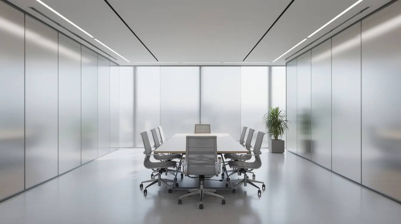 The image depicts a modern office conference room featuring floor-to-ceiling frosted glass walls that allow soft, diffused natural light to filter in while providing complete privacy. The frosted window film enhances the aesthetics of the space, creating a serene environment for meetings without sacrificing visibility or comfort.