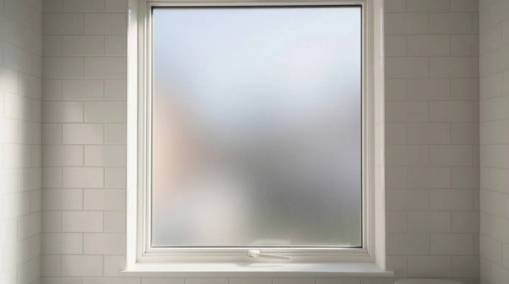 A residential bathroom window is adorned with frosted privacy window film, allowing soft natural light to filter through while completely obscuring the exterior view, creating a stylish and functional solution for enhancing privacy. The film effectively reduces glare and maintains a bright atmosphere without sacrificing the comfort of complete privacy.