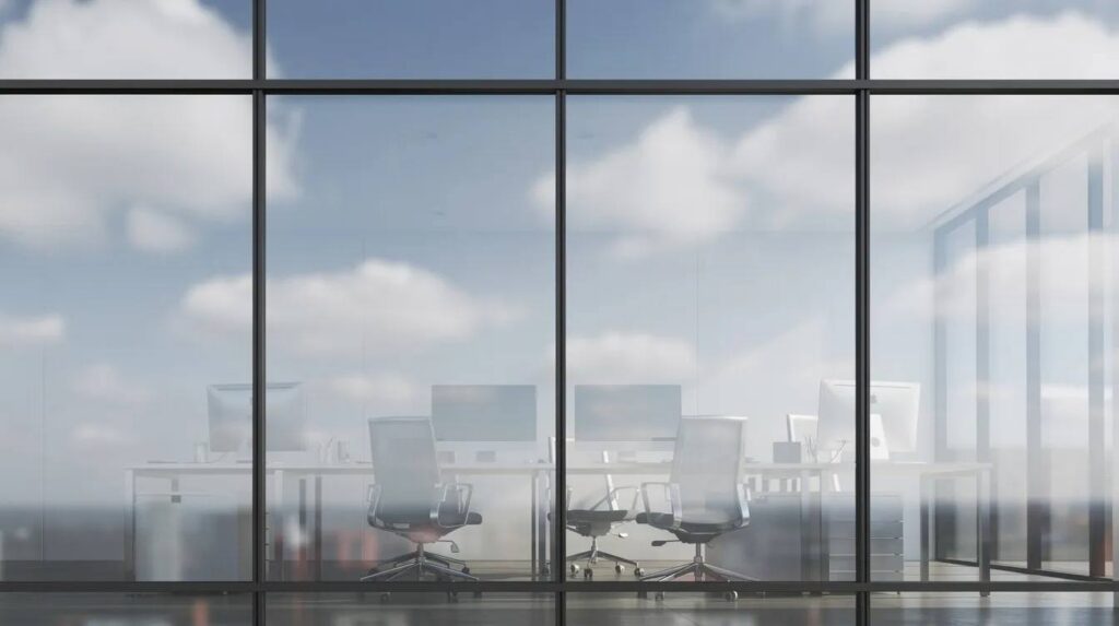 A close-up view of a commercial window showcases a mirror effect, reflecting clouds and the sky while faint outlines of interior office furniture are visible. The window is likely treated with a one way window film, providing daytime privacy and reducing glare from the sun's harmful UV rays.