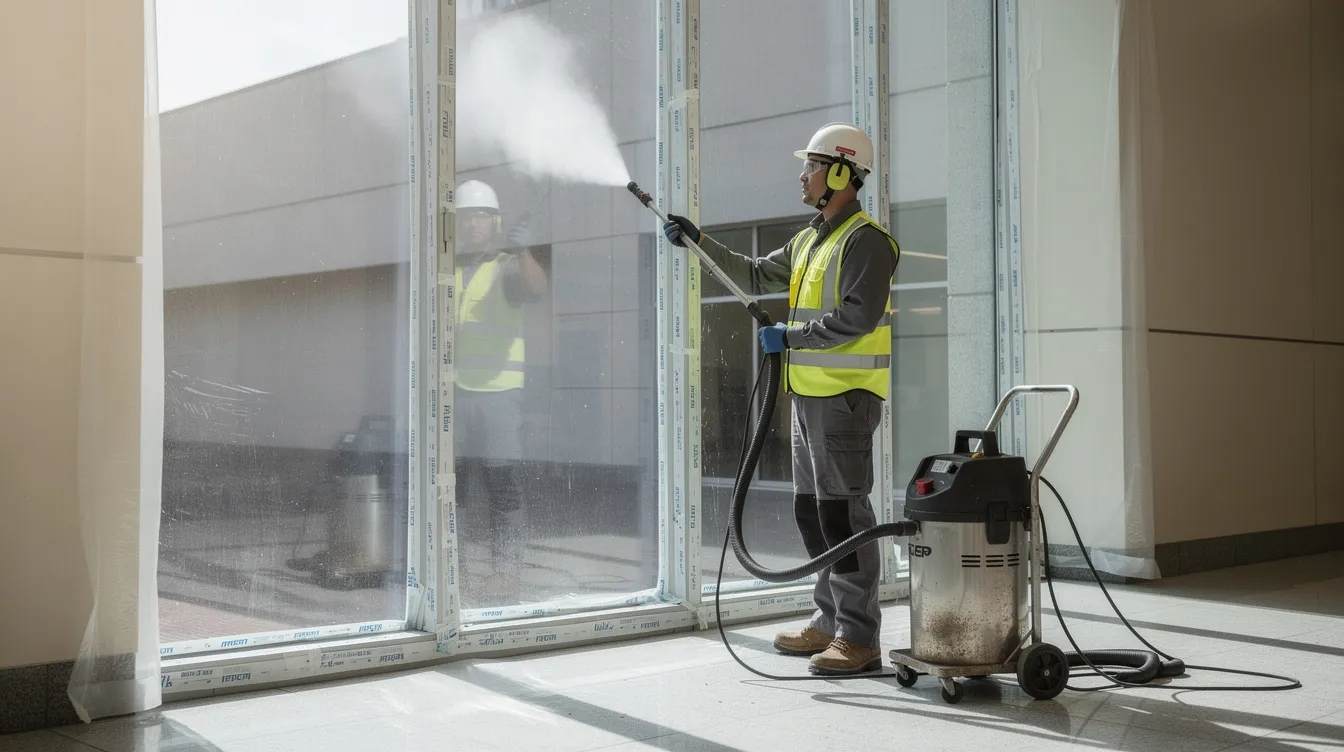 A technician in safety gear is using a commercial steamer to safely remove old window film from a large interior glass panel, with protective tape covering the window frames to prevent damage. The process involves careful application of heat to soften the adhesive, ensuring a clean removal without leaving residue.