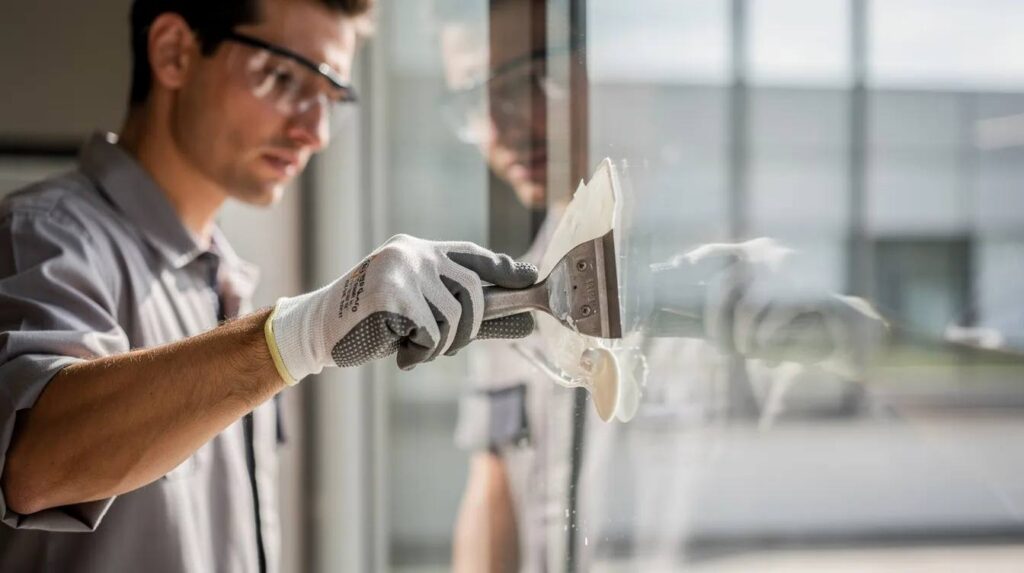 A technician is carefully using a scraper tool to remove adhesive residue from a large glass window, showcasing the precision needed for professional window tint removal services. The close-up highlights the technician's focus on safely removing the old window film to prepare the surface for new film installation.