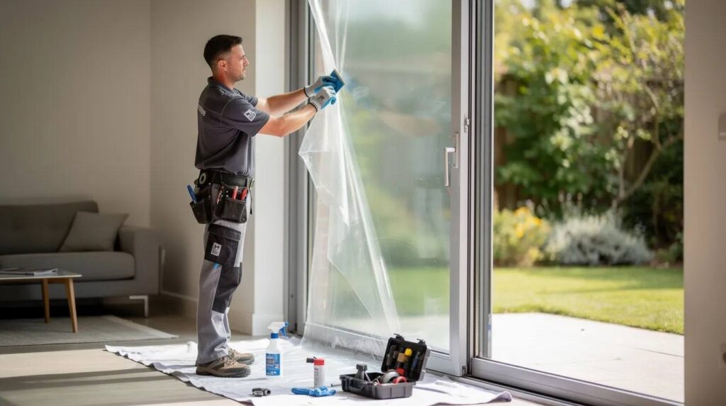 A technician is skillfully applying residential window film to a large sliding glass door in a home, enhancing energy efficiency and indoor comfort while providing protection against UV rays and glare. This expert installation aims to improve the home's windows, contributing to energy savings and reducing heat buildup.