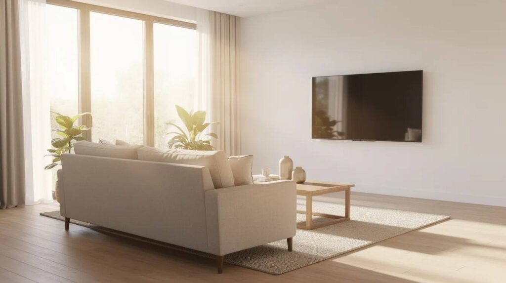 The image depicts a bright living room featuring large house windows that allow sunlight to stream in, illuminating the comfortable furniture and a glare-free TV screen. This inviting space highlights the benefits of residential window tinting, enhancing indoor comfort and energy efficiency while protecting against UV rays and heat buildup.
