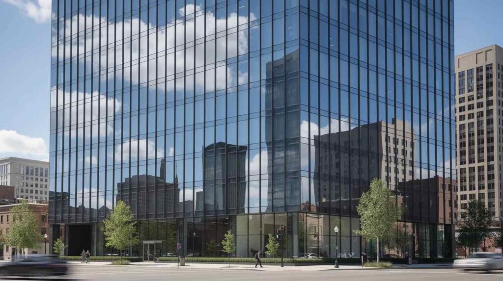 The image shows the exterior of a commercial building featuring a glass curtain wall facade with reflective window film applied, designed to block harmful UV rays and reduce the sun's heat. This installation enhances energy efficiency while allowing natural light to enter, improving comfort and protecting the interior from fading.