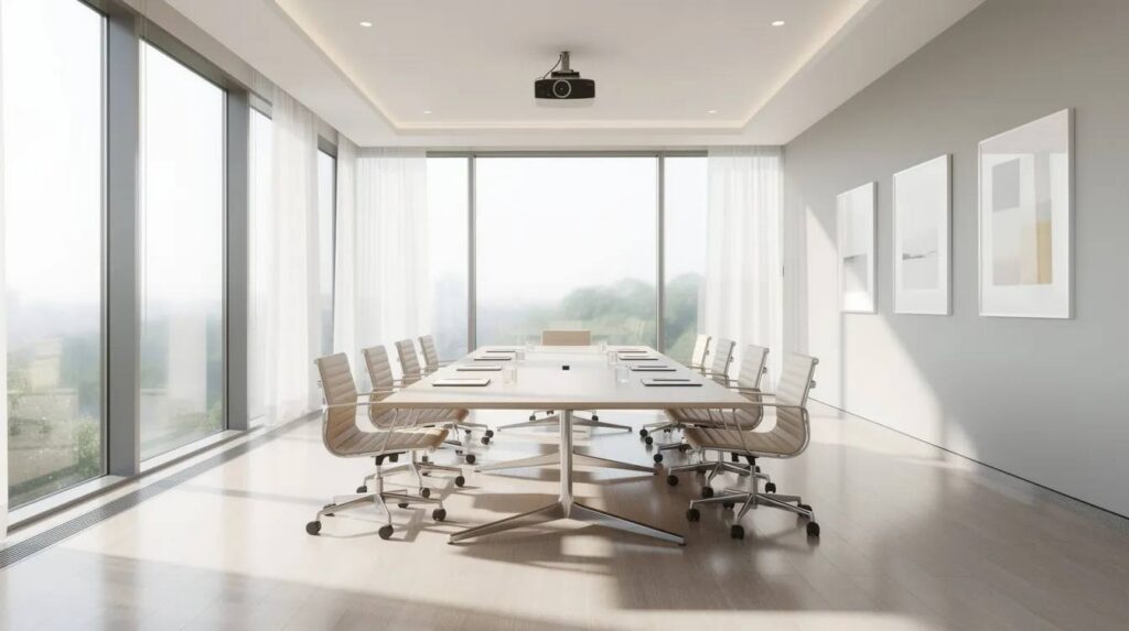 The image depicts a bright conference room featuring large double-pane windows that allow soft natural sunlight to filter through the glass, creating a comfortable and inviting atmosphere. This space emphasizes energy efficiency and comfort, making it ideal for meetings while also protecting furniture and artwork from harmful UV rays.