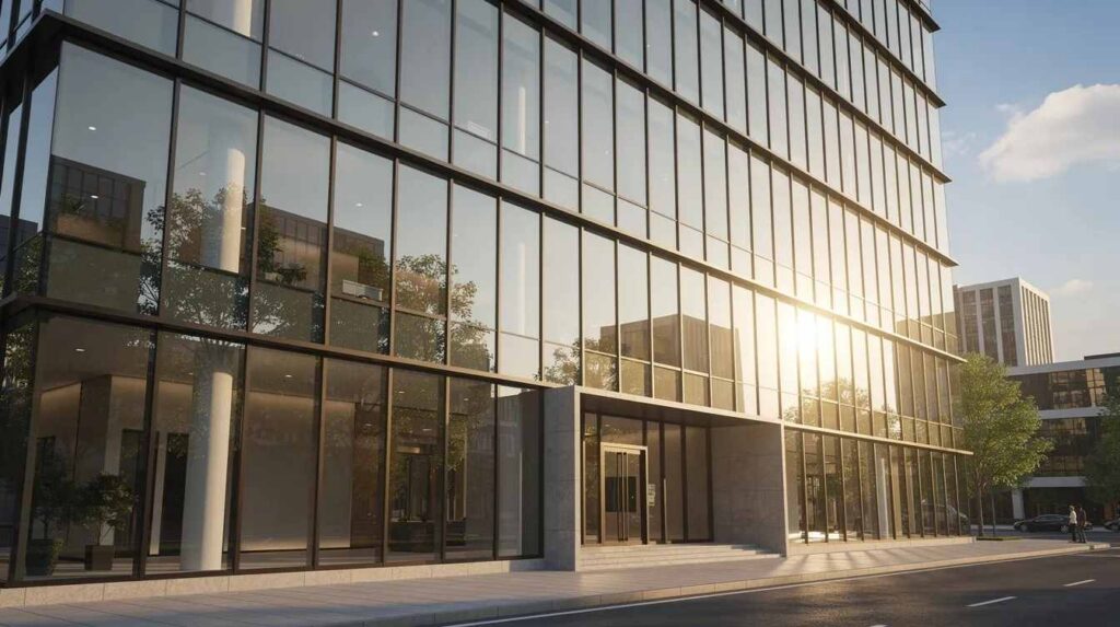 The image features a commercial building with expansive floor-to-ceiling glass windows that reflect the afternoon sunlight, showcasing a modern architectural design. The use of window film could enhance energy efficiency by reducing heat gain and blocking harmful UV rays, while still allowing natural light to fill the interior space.