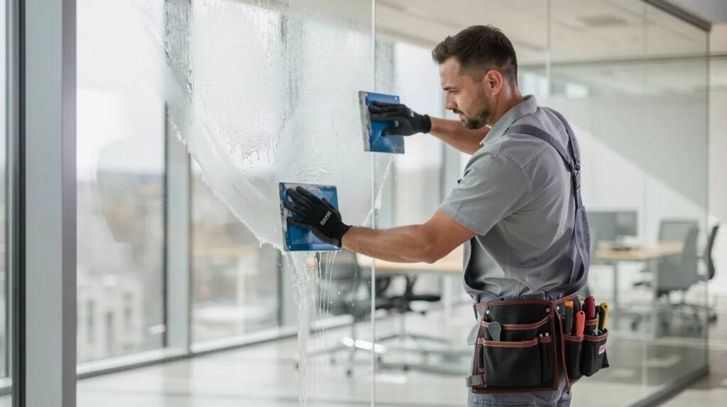 A professional window film installer is applying a sun blocking window film to a large commercial glass pane using a squeegee, ensuring a smooth finish. This installation helps reduce heat gain and harmful UV rays while allowing natural light to enter the space, enhancing energy efficiency and comfort.