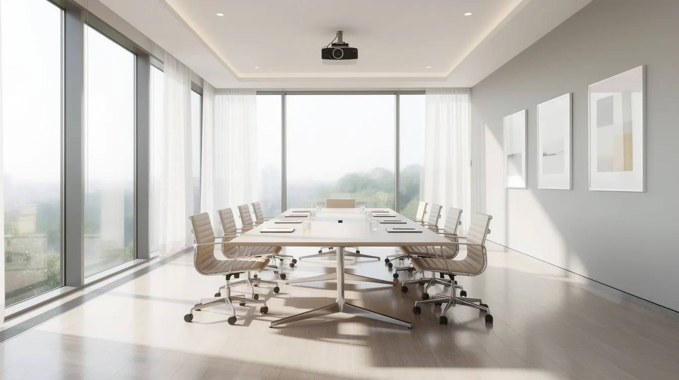 The image depicts a bright conference room featuring large double-pane windows that allow soft natural sunlight to filter through the glass, creating a comfortable and inviting atmosphere. This space emphasizes energy efficiency and comfort, making it ideal for meetings while also protecting furniture and artwork from harmful UV rays.