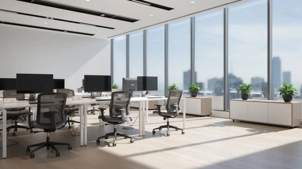 The image depicts a modern office interior featuring large floor-to-ceiling windows that allow bright sunlight to flood the space, enhancing the natural light. To protect against harmful UV rays and reduce heat gain, the right window film can be an excellent choice for energy efficiency and comfort.