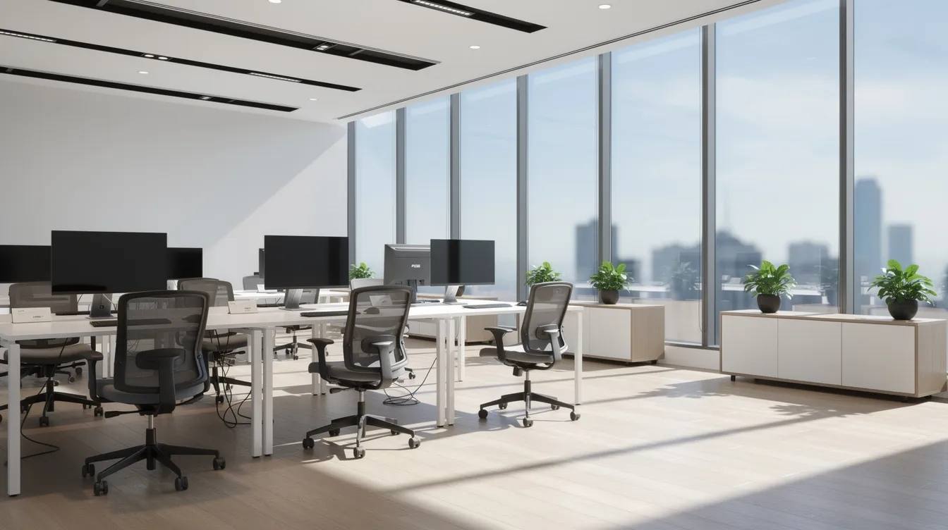 The image depicts a modern office interior featuring large floor-to-ceiling windows that allow bright sunlight to flood the space, enhancing the natural light. To protect against harmful UV rays and reduce heat gain, the right window film can be an excellent choice for energy efficiency and comfort.