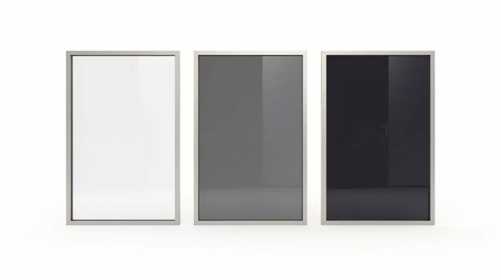 The image displays three glass samples arranged side by side, each showcasing varying levels of window tint darkness, ranging from light to dark. This visual comparison highlights the differences in appearance and potential benefits such as glare reduction and increased privacy for tinted windows.