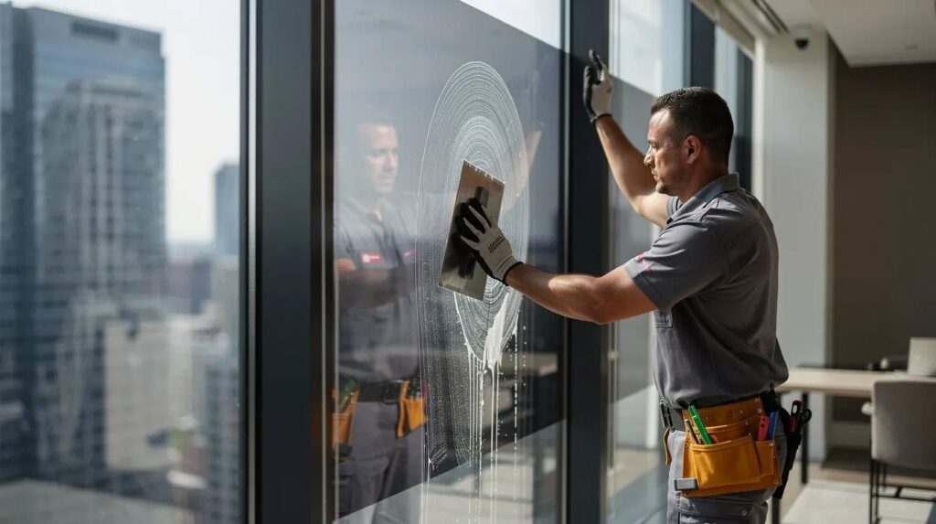An installer is using a squeegee to smooth out window tint film on a large office building window, ensuring a perfect application for enhanced comfort and glare reduction. The process highlights the importance of quality window film in achieving increased privacy and UV protection for the building.