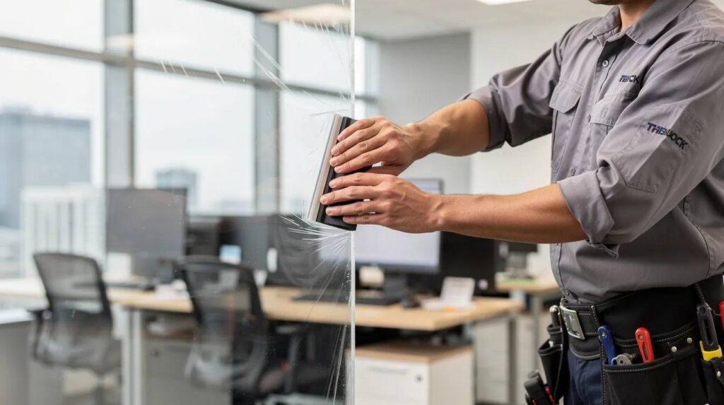 A professional installer is carefully applying transparent uv window film to a large commercial office window, ensuring protection against harmful uv rays while allowing natural light to enter the space. The installation aims to reduce fading of interior furnishings and provide added security verification for the building.