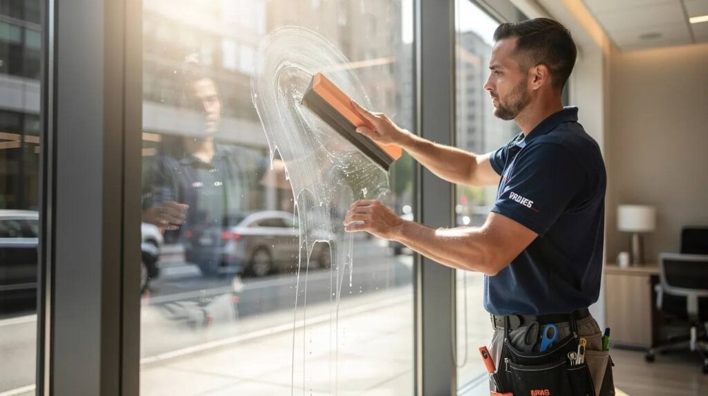 A professional installer is applying uv window film to a large commercial window, using a squeegee to ensure a smooth finish while sunlight streams in from outside. This installation helps protect against harmful uv rays, reducing sun damage and glare inside the building.