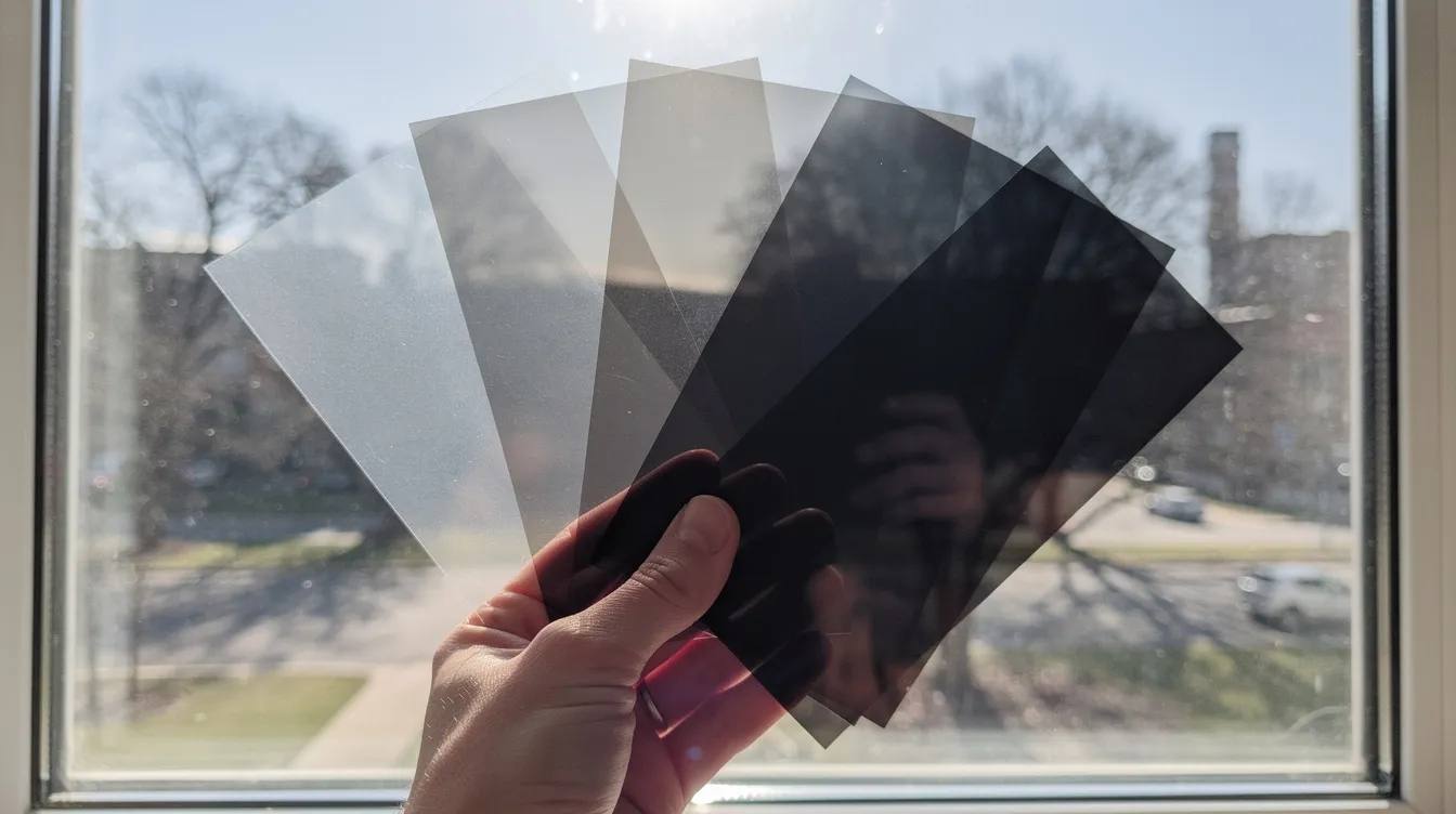 The image displays several samples of uv window film held against sunlit glass, showcasing various levels of tint and clarity. These films are designed to protect against harmful uv rays, reduce sun damage, and enhance the comfort of indoor spaces by controlling glare and heat.