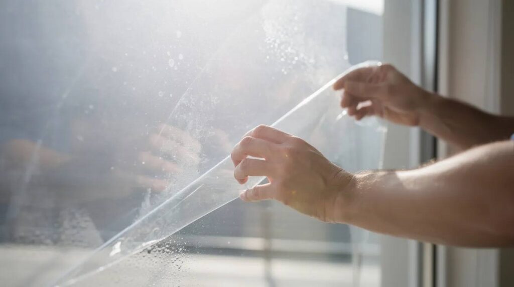 A close-up image shows clear window film being applied to a large glass pane, with sunlight streaming through, highlighting its role in UV protection against harmful UV rays and sun damage. The installation of this UV window film not only enhances the glass's functionality but also helps in reducing fading of home furnishings over time.