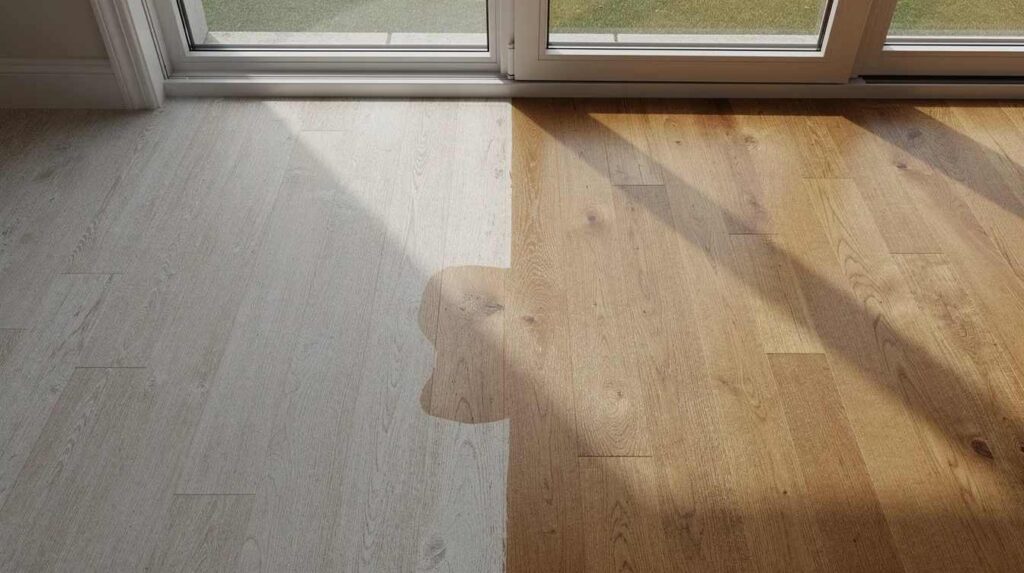The image shows a side-by-side comparison of a hardwood floor, highlighting a sun-faded section next to a protected area near a window, illustrating the effects of harmful UV rays on home furnishings. The contrast emphasizes the benefits of installing UV window film to prevent sun damage and reduce fading over many years.