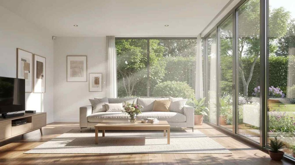A sunlit residential living room features large windows that offer a clear view of a lush garden, allowing natural light to flood the space. The windows are enhanced with 3M Prestige Series window films, which provide excellent aesthetics while significantly blocking harmful UV rays and infrared light, ensuring enhanced comfort and energy savings.