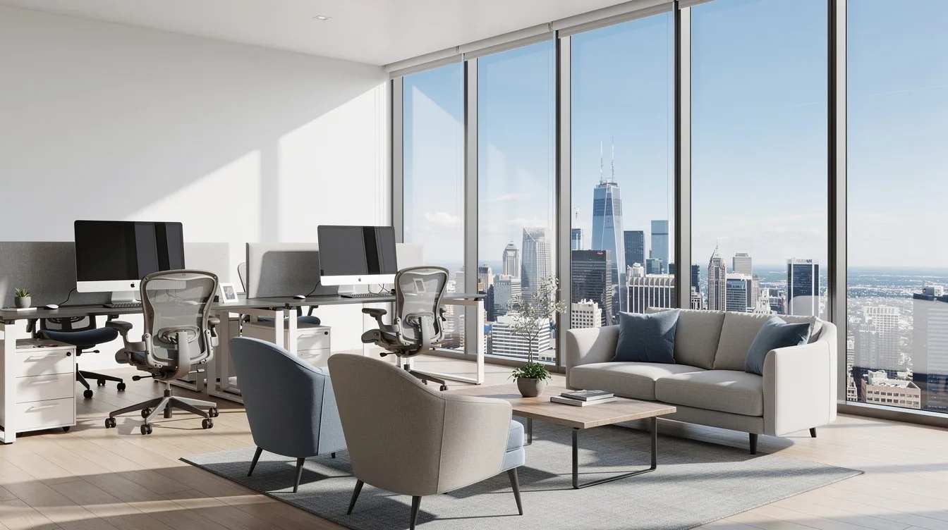 The image depicts a sunlit office interior featuring large floor-to-ceiling windows that provide a stunning city view, while comfortable seating arrangements create a welcoming atmosphere. The absence of glare on the computer screens suggests the use of window films that effectively block harmful UV rays and reduce heat, enhancing energy efficiency and comfort in the space.