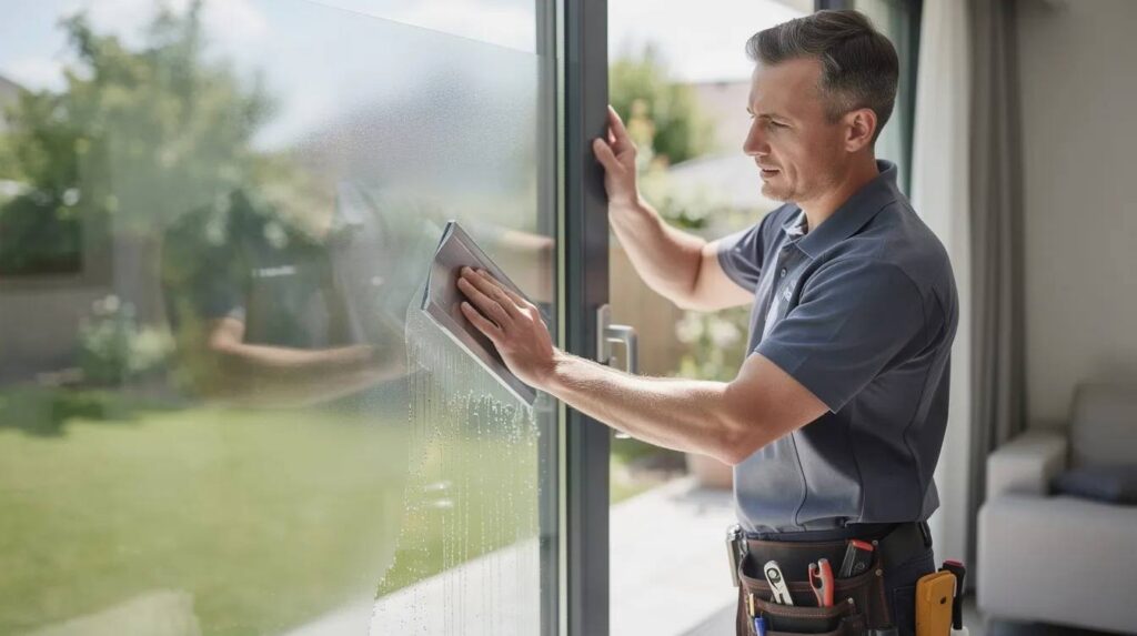A professional technician is skillfully using a squeegee to apply residential window film on a large glass window, ensuring a smooth finish that enhances privacy and provides protection from harmful UV rays. This installation is part of a home window tinting service aimed at improving energy efficiency and reducing glare while allowing natural light to enter the room.