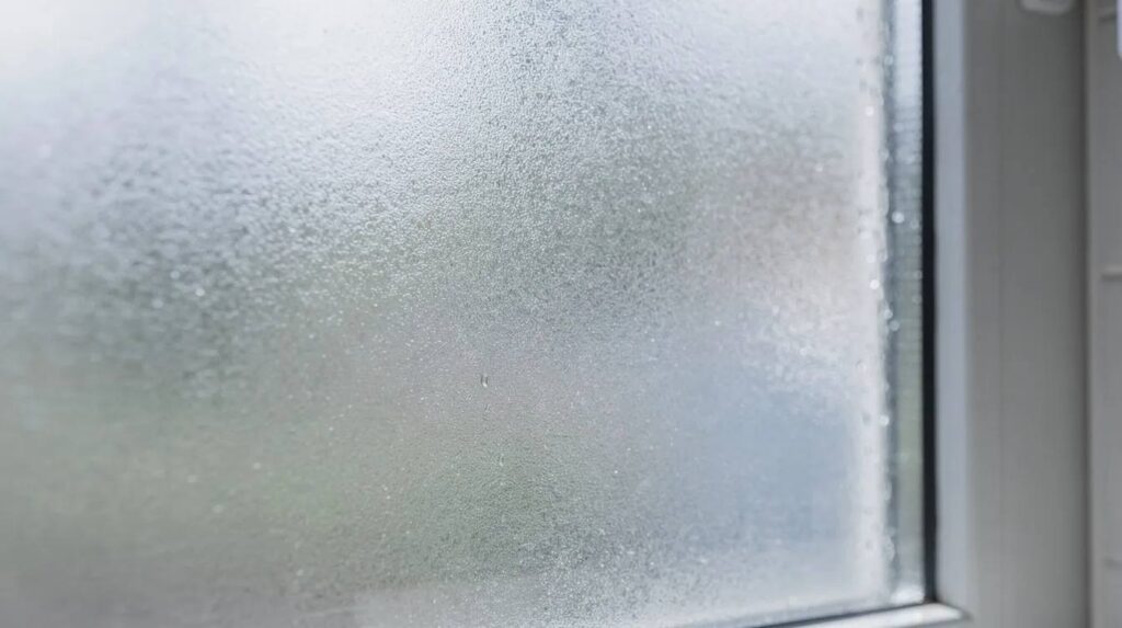 A close-up view of frosted privacy window film applied to a bathroom glass window, with soft natural light gently filtering through, enhancing privacy while still allowing light to enter. This innovative window film solution offers an elegant touch to residential properties, protecting against harmful UV rays and ensuring energy efficiency.